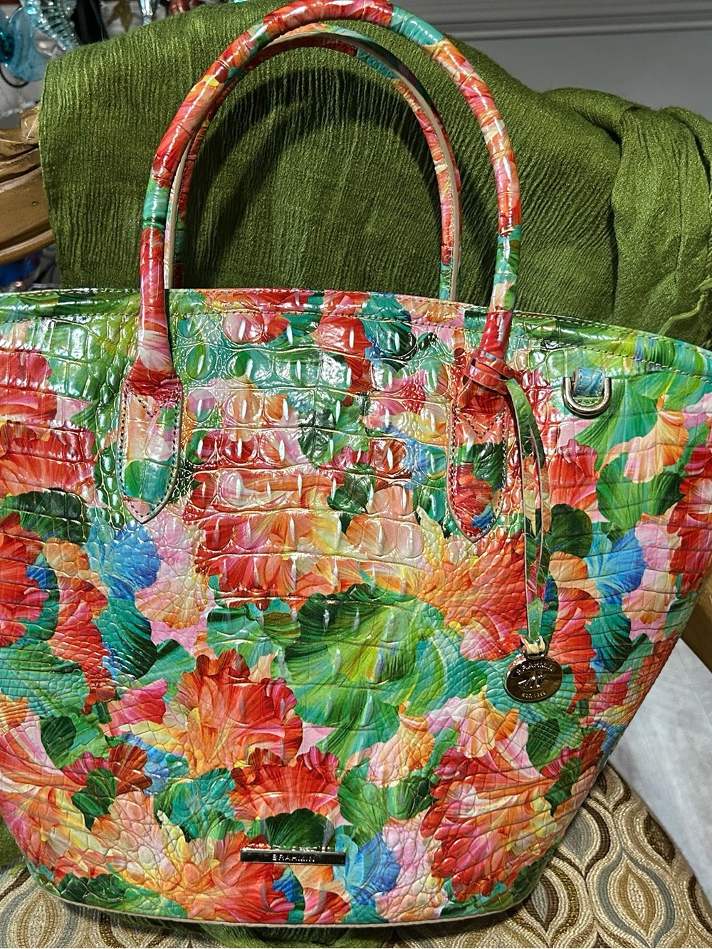 Brahmin Multicolor Floral Croc-Embossed Tote in Green, Red & Pink includes strap